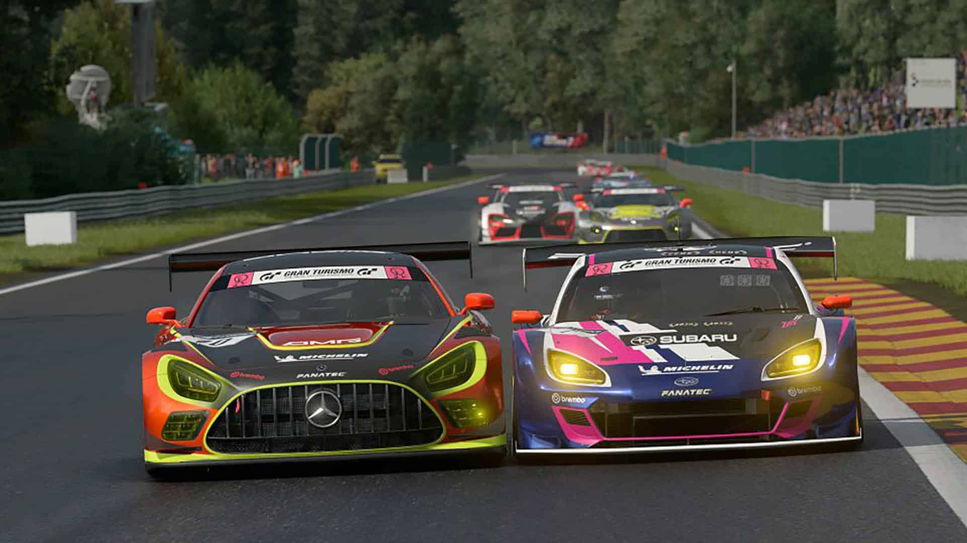 Gran Turismo World Series 2026 heads to Abu Dhabi for Image ot two Gran Turismo 7 cars racing at Spa-Francochamps. Other cars are in the background