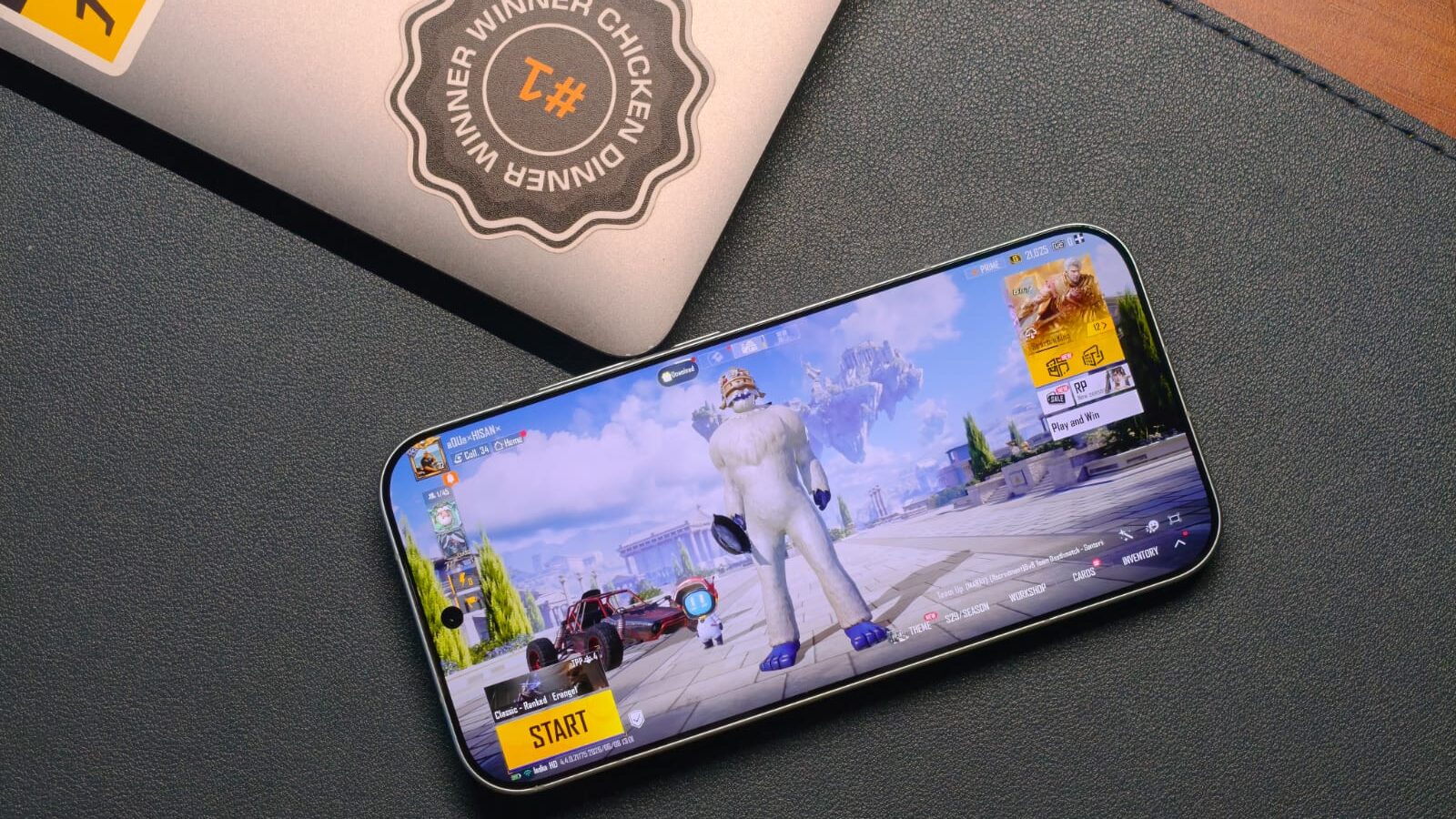 A phone with BGMI running kept on a table