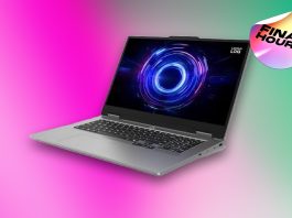 A Lenovo gaming laptop on a pink and green CNET background with "final hours" sticker.