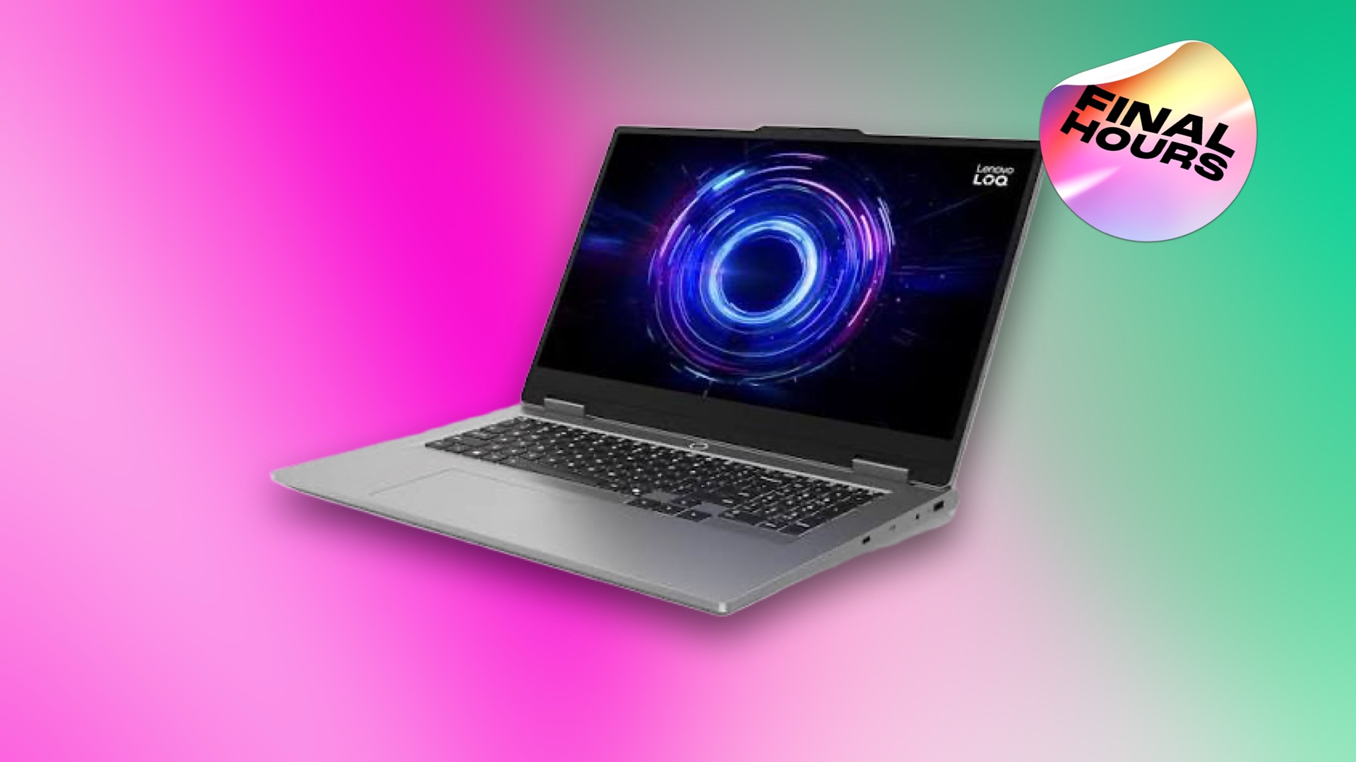 Today's Deal Alert: Save $651 on This Lenovo LOQ Gaming A Lenovo gaming laptop on a pink and green CNET background with "final hours" sticker.