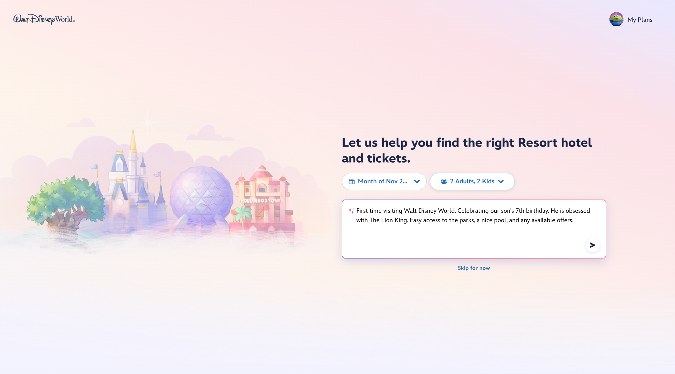 Walt Disney World Brings AI Into Its Booking Site A screenshot of a conversation with the AI chatbot on the Walt Disney World booking site