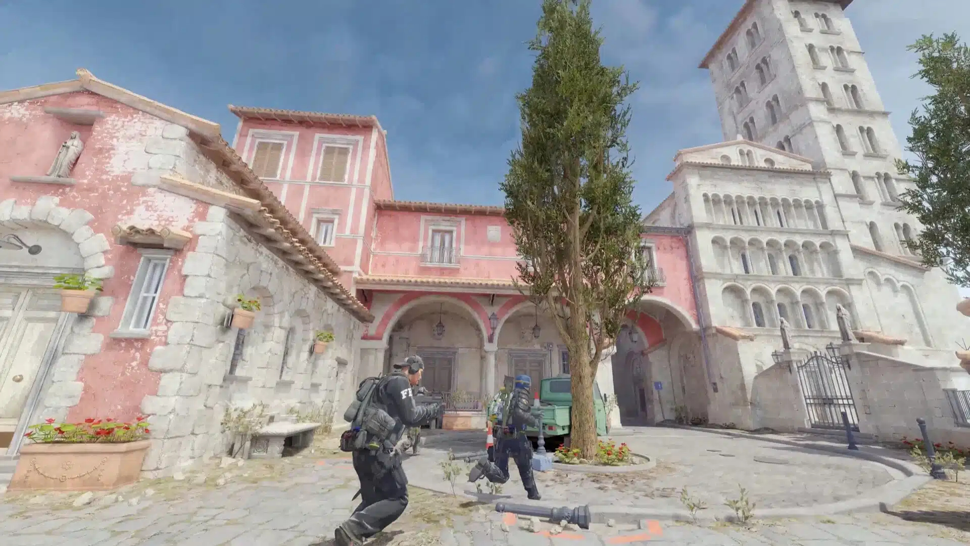 Counter-Strike Sponsorships Face a Funding Gap in Brazil Counter-Strike 2 gameplay showing characters in tactical gear in a Mediterranean-style town square.